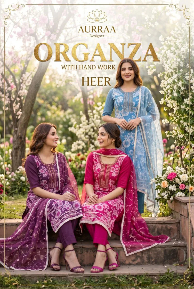 Aurraa Heer Organza Position Print And Hand Work Kurti With Bottom Dupatta
