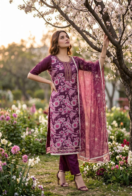 Aurraa Heer Organza Position Print And Hand Work Kurti With Bottom Dupatta