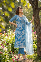Aurraa Heer Organza Position Print And Hand Work Kurti With Bottom Dupatta