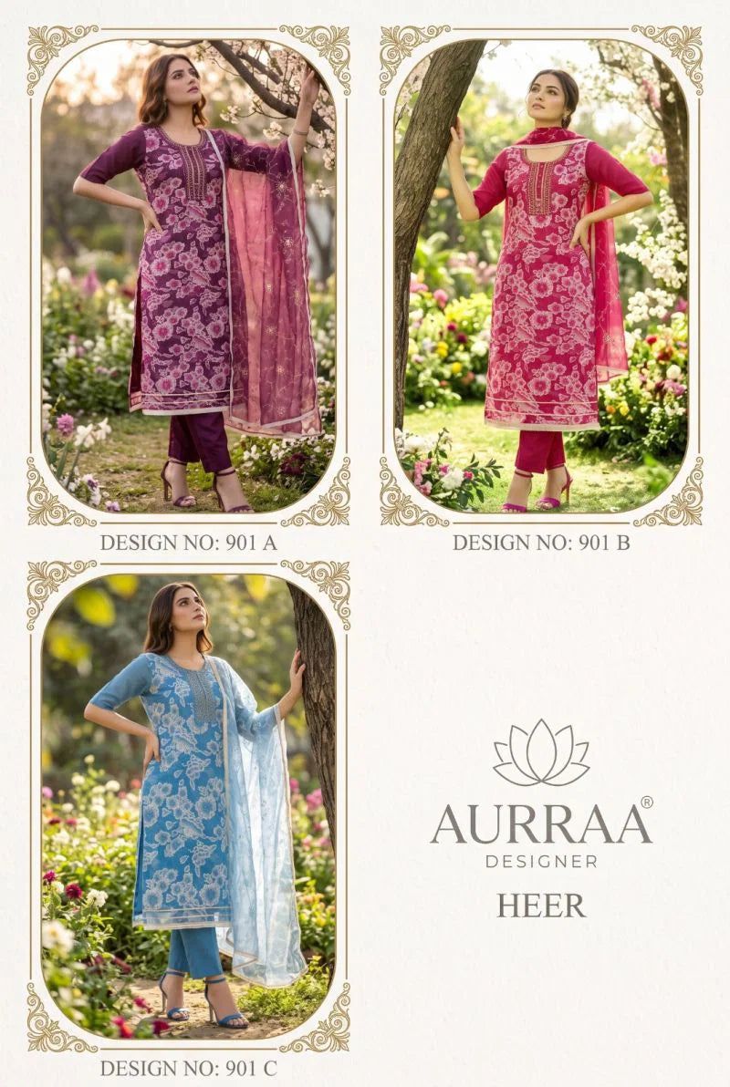Aurraa Heer Organza Position Print And Hand Work Kurti With Bottom Dupatta