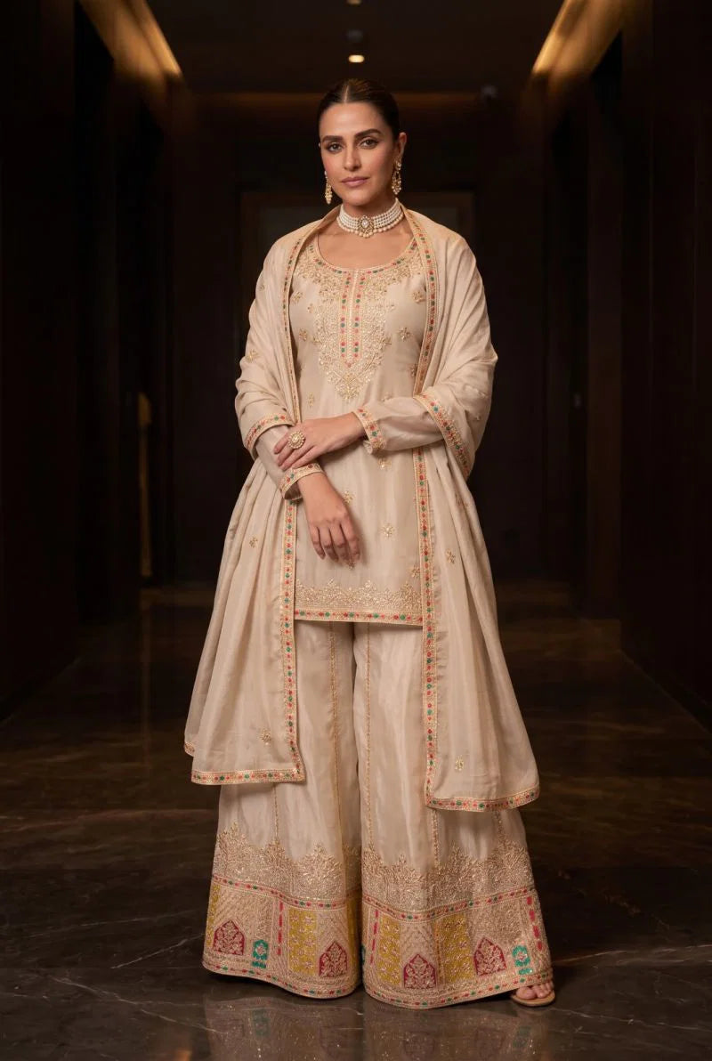 Aurraa Kathaa Chinon Embroidered Kurti With Bottom Dupatta