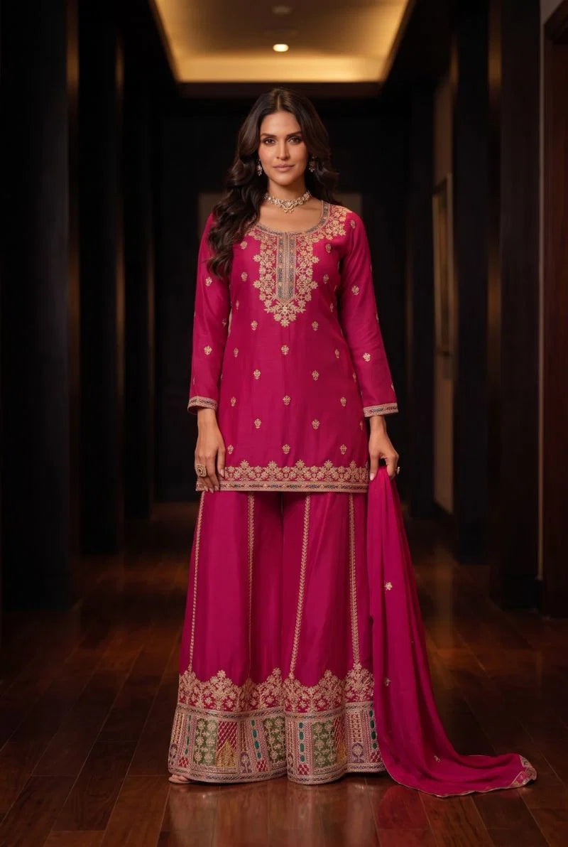 Aurraa Kathaa Chinon Embroidered Kurti With Bottom Dupatta