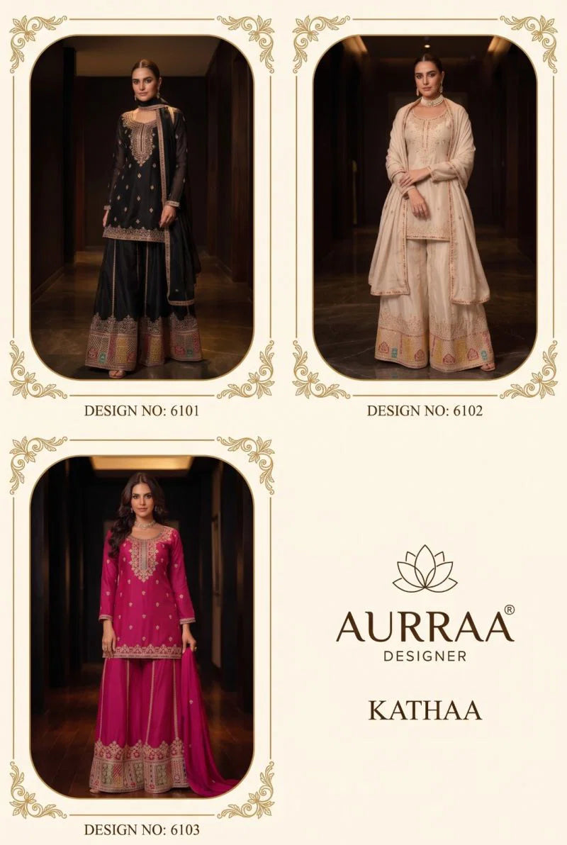 Aurraa Kathaa Chinon Embroidered Kurti With Bottom Dupatta