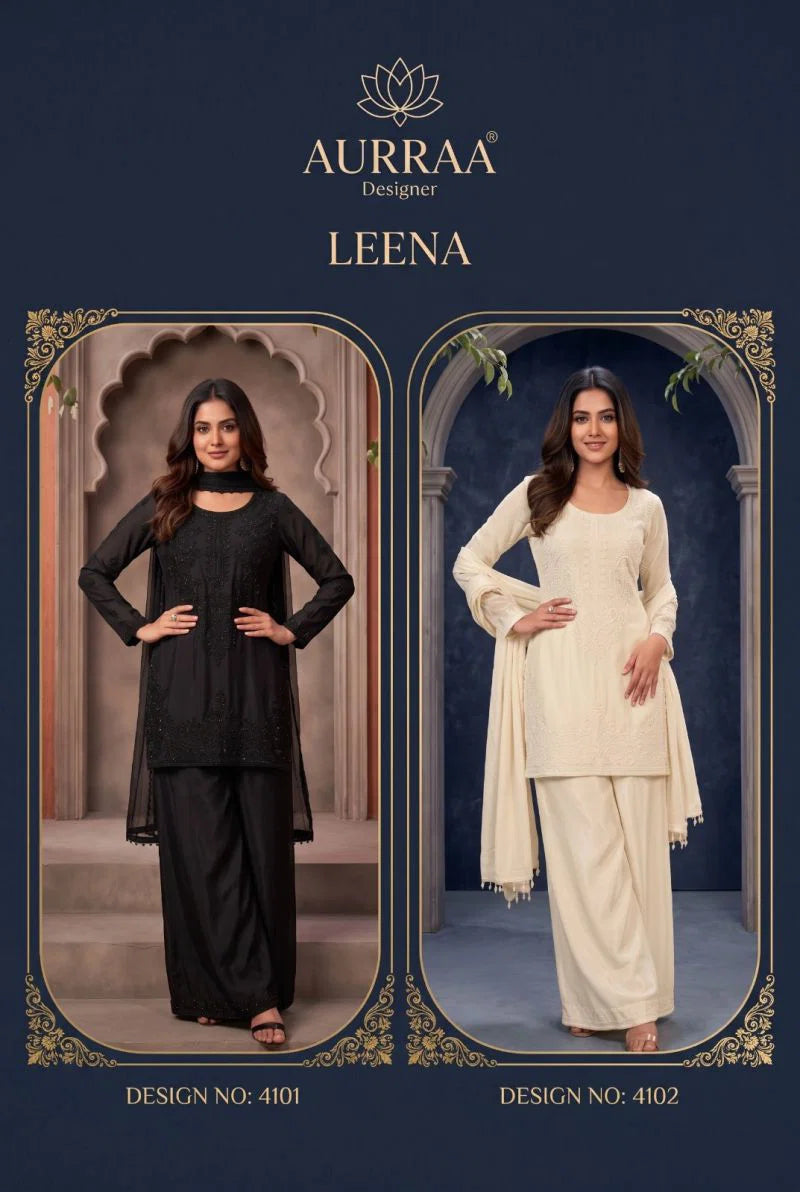 Aurraa Leena Chinon Beads Work Kurti Sharara With Dupatta Collection