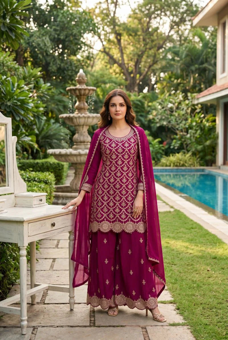 Aurraa Meenara Chinon Embroidered Kurti With Bottom Dupatta