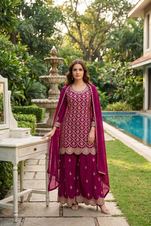 Aurraa Meenara Chinon Embroidered Kurti With Bottom Dupatta