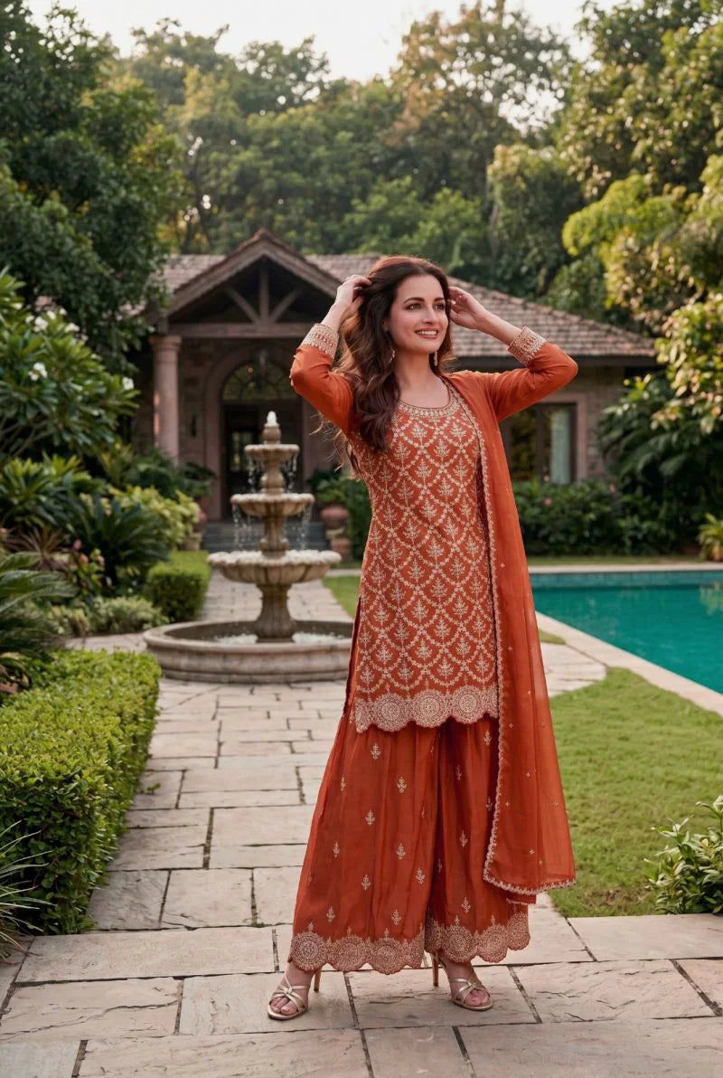 Aurraa Meenara Chinon Embroidered Kurti With Bottom Dupatta