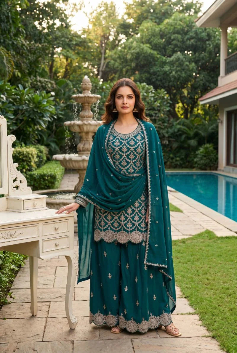 Aurraa Meenara Chinon Embroidered Kurti With Bottom Dupatta