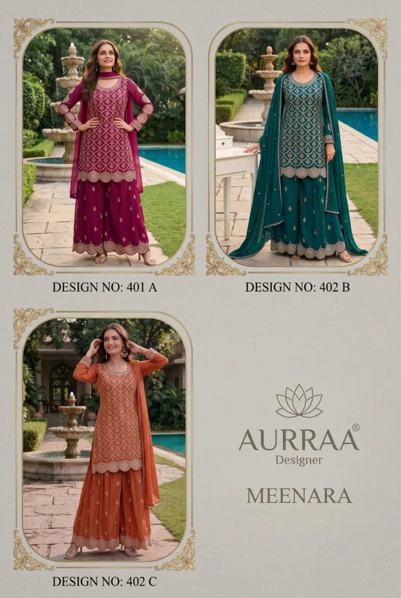 Aurraa Meenara Chinon Embroidered Kurti With Bottom Dupatta
