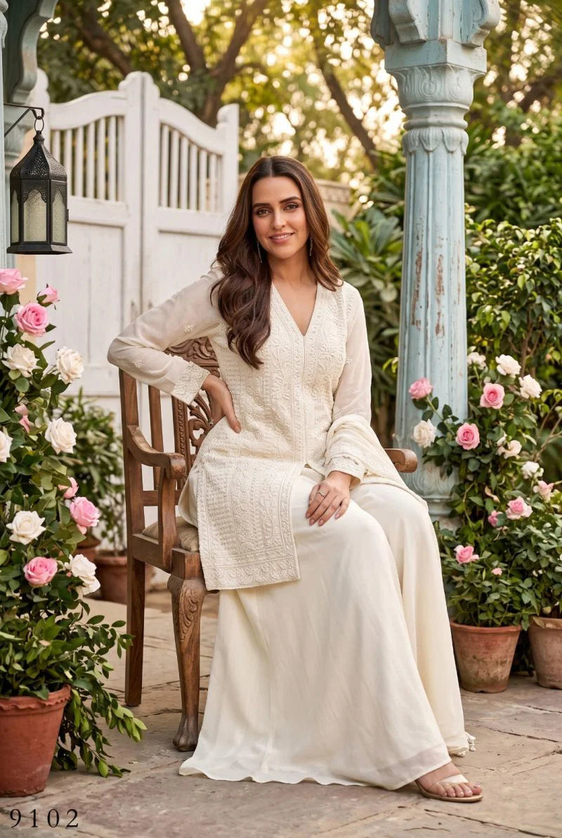 Aurraa Servani Chinon Beads Work Kurti With Sharara Dupatta Collection