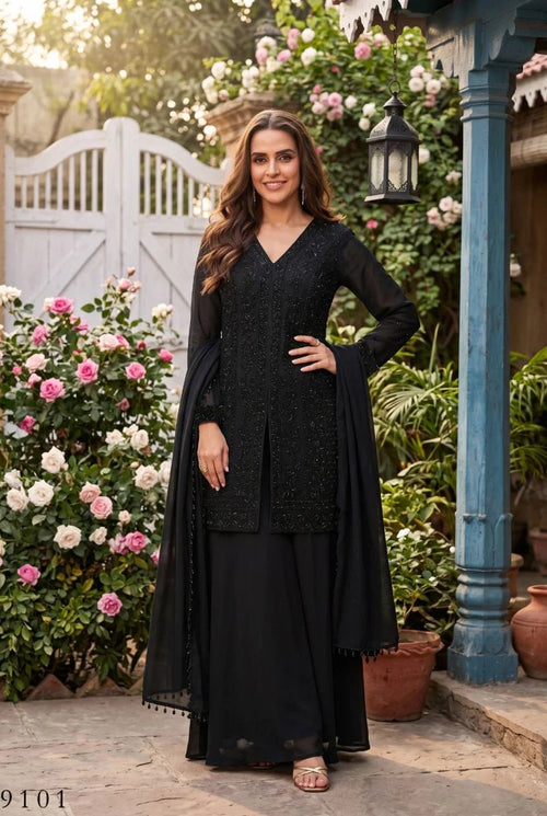 Aurraa Servani Chinon Beads Work Kurti With Sharara Dupatta Collection