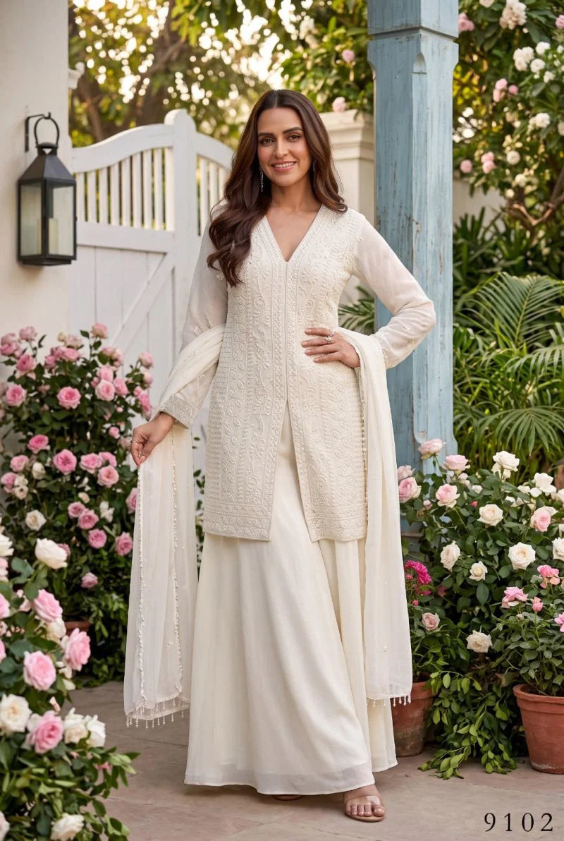Aurraa Servani Chinon Beads Work Kurti With Sharara Dupatta Collection