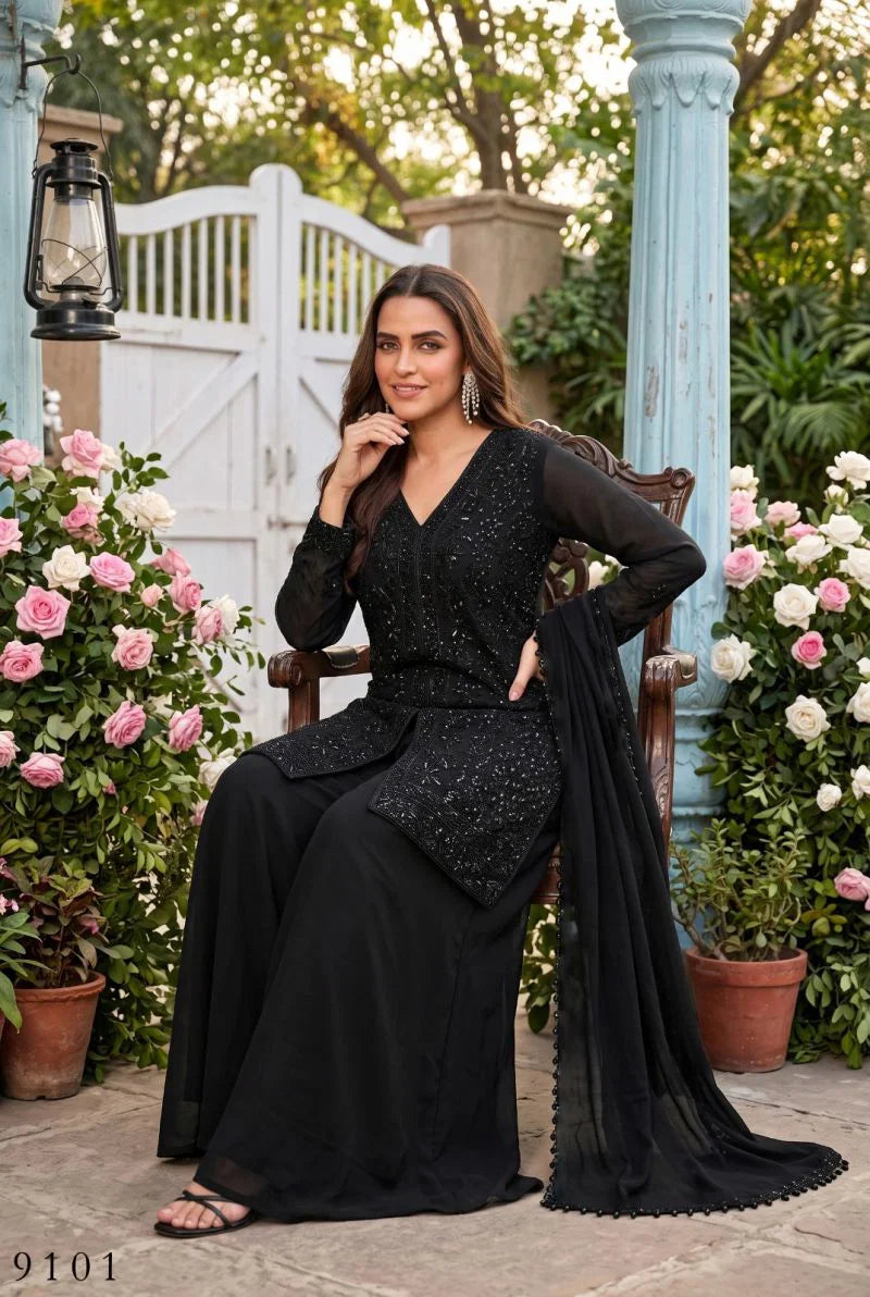 Aurraa Servani Chinon Beads Work Kurti With Sharara Dupatta Collection