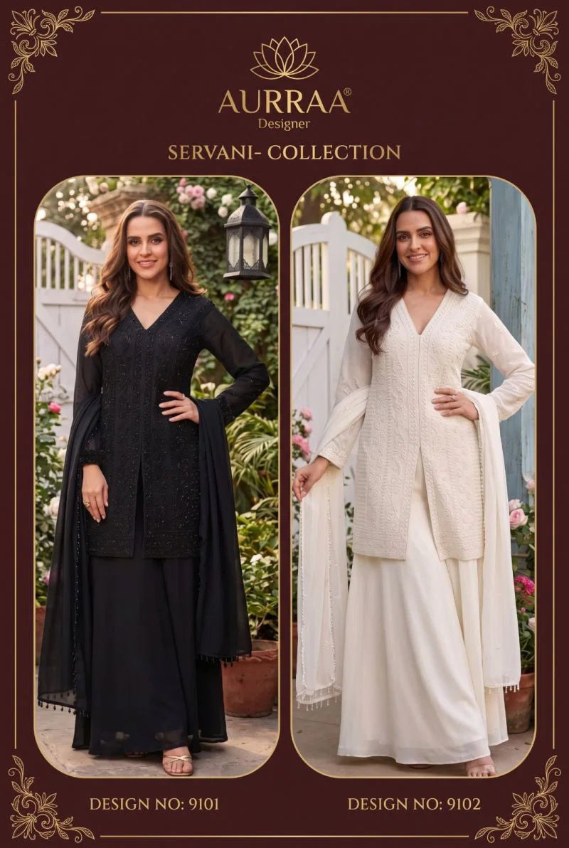 Aurraa Servani Chinon Beads Work Kurti With Sharara Dupatta Collection