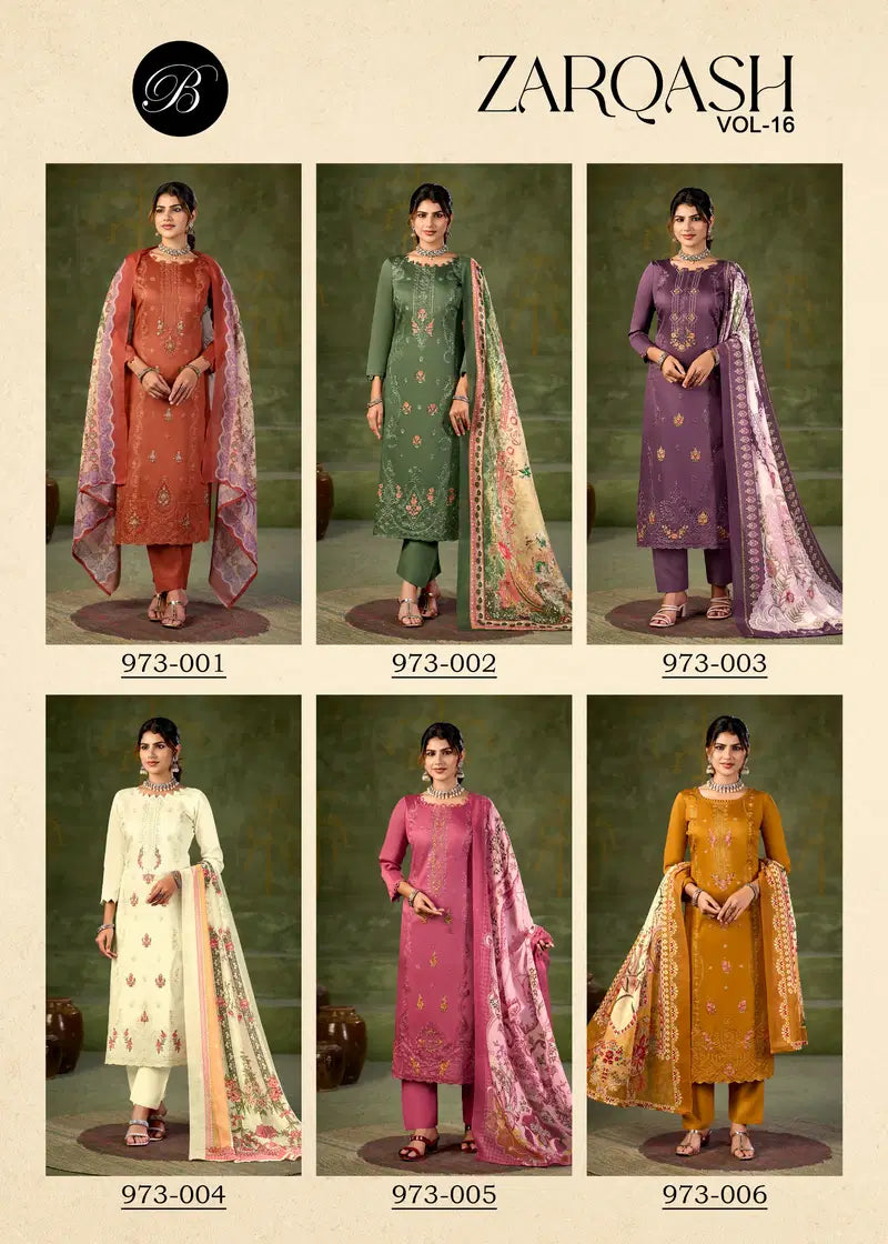 Belliza Zarqash Vol 16 Jam Cotton With Embroidery Work Dress Material
