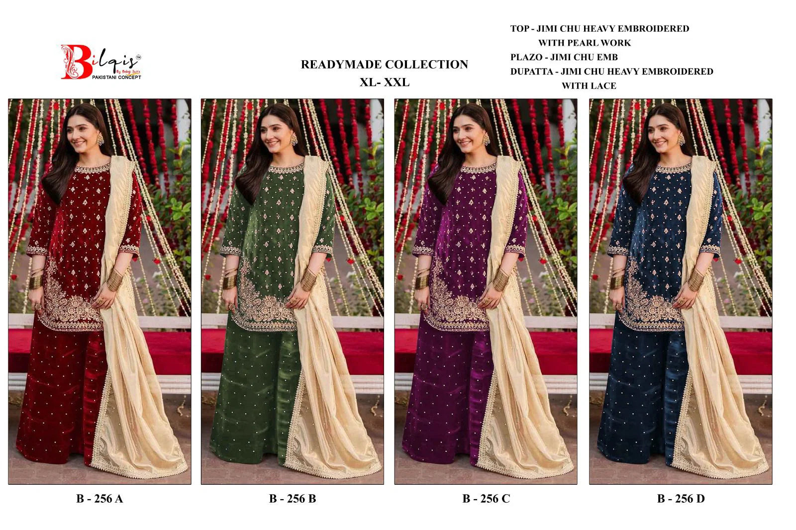 Bilqis B 256 A To D Readymade Jimmy Choo Embroidered Pakistani Salwar Kameez