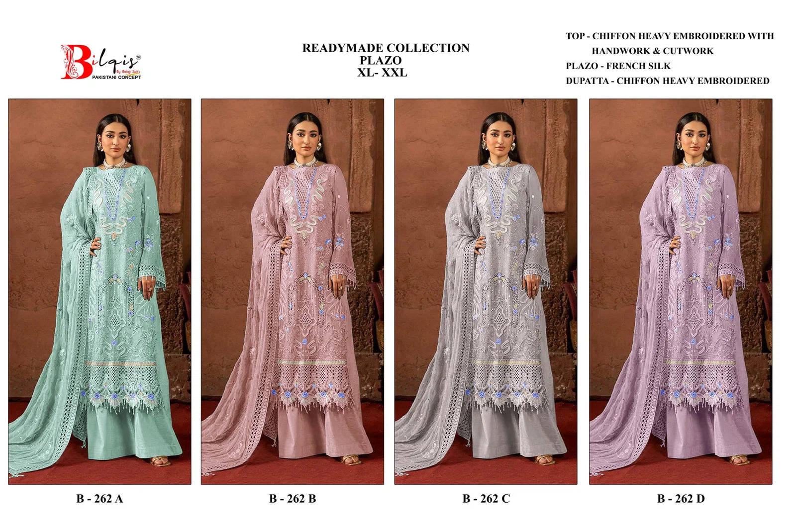 Bilqis B 262 A To D Readymade Chiffon Embroidered Pakistani Salwar Kameez