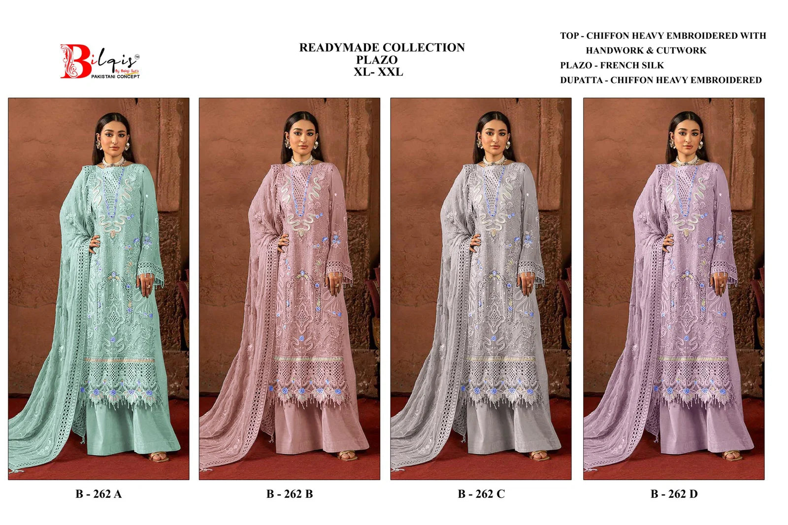 Bilqis B 262 A To D Readymade Chiffon Embroidered Pakistani Salwar Kameez