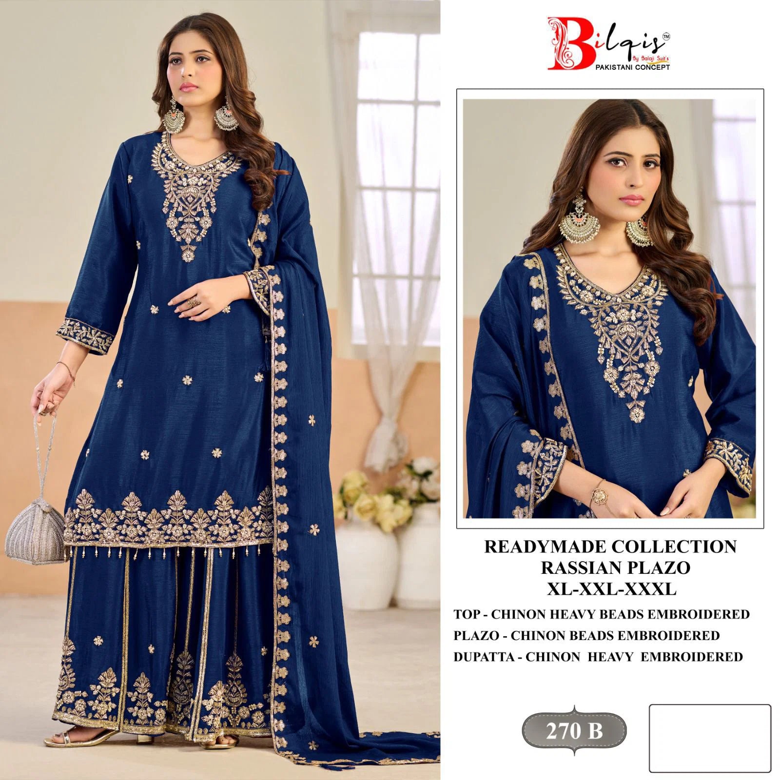 Bilqis B 270 A To D Readymade Chinon Beads Embroidered Salwar Kameez
