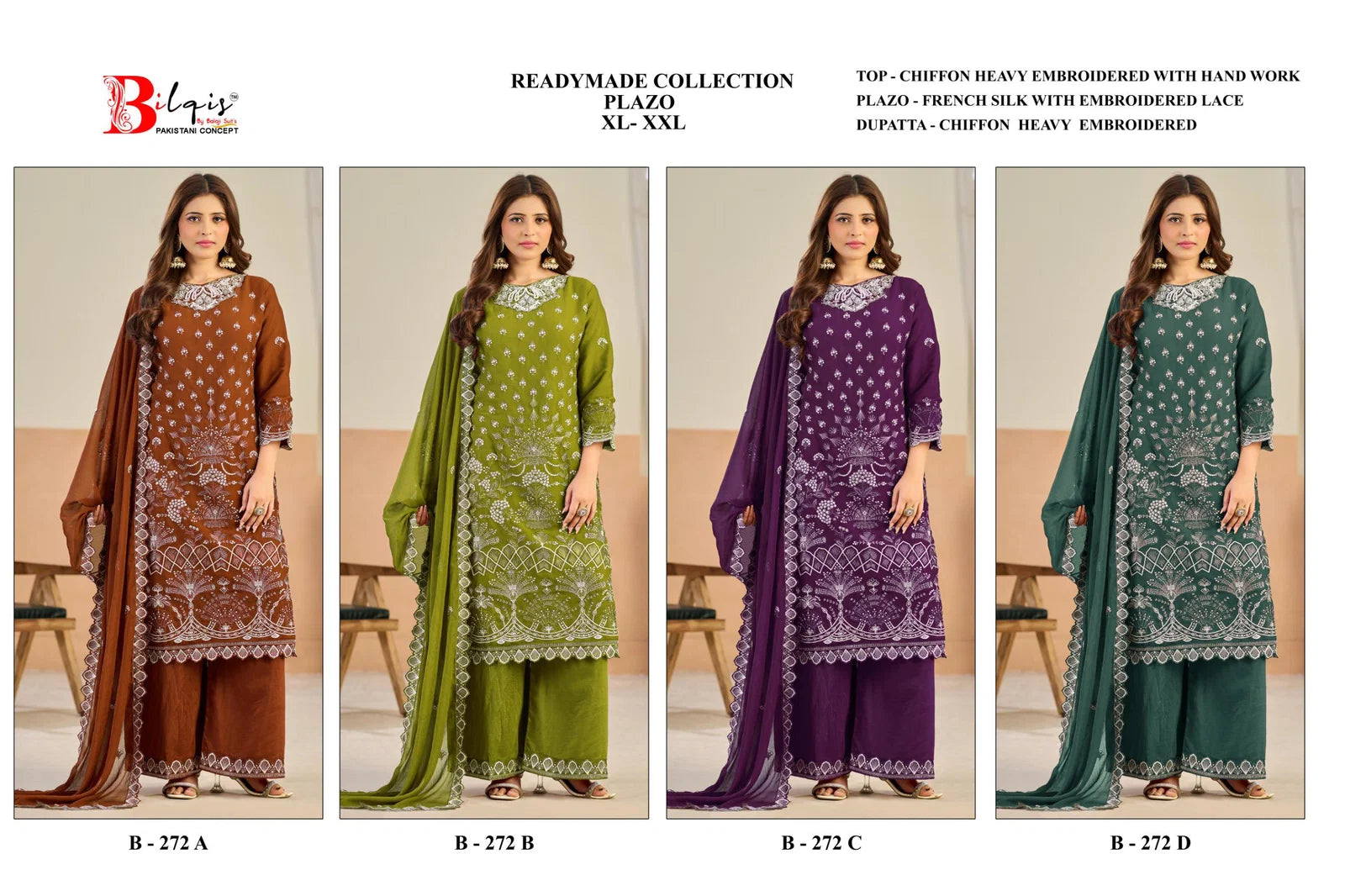 Bilqis B 272 A To D Readymade Chiffon Embroidered Pakistani Salwar Kameez