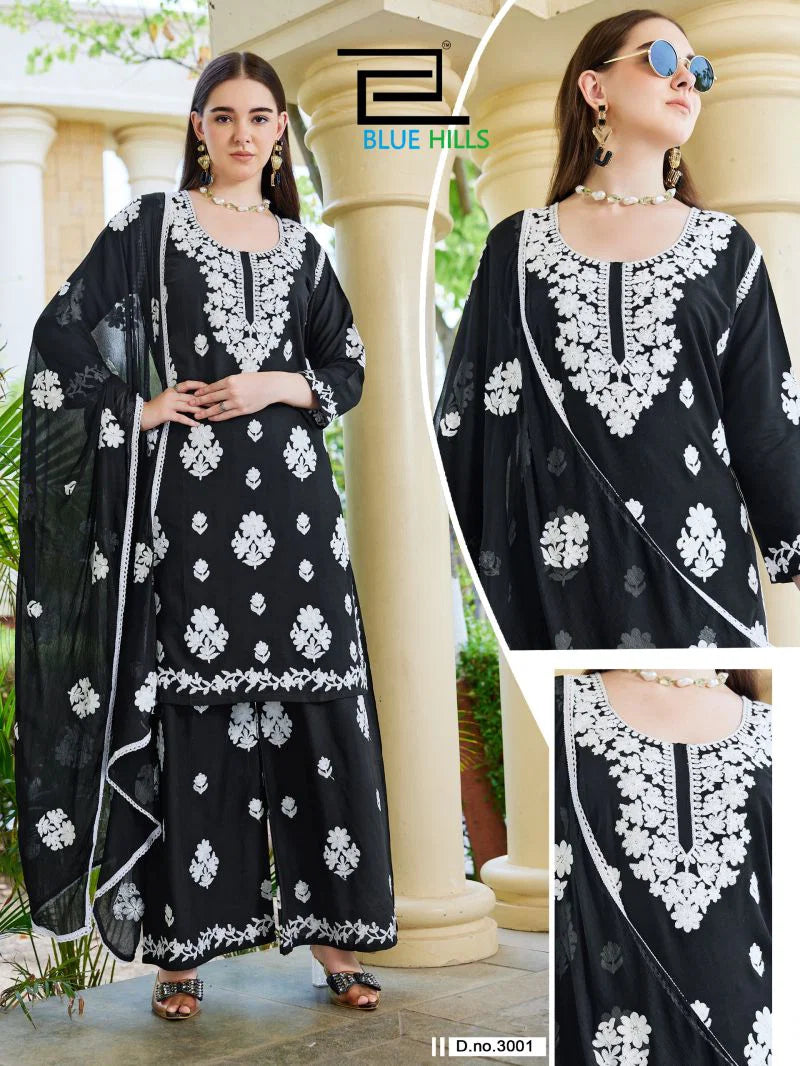 Blue Hills Aneesha Rayon Thread Work Kurti With Bottom Dupatta