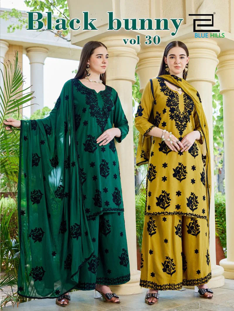 Blue Hills Black Bunny Vol 30 Rayon With Thread Work Kurti With Bottom Dupatta