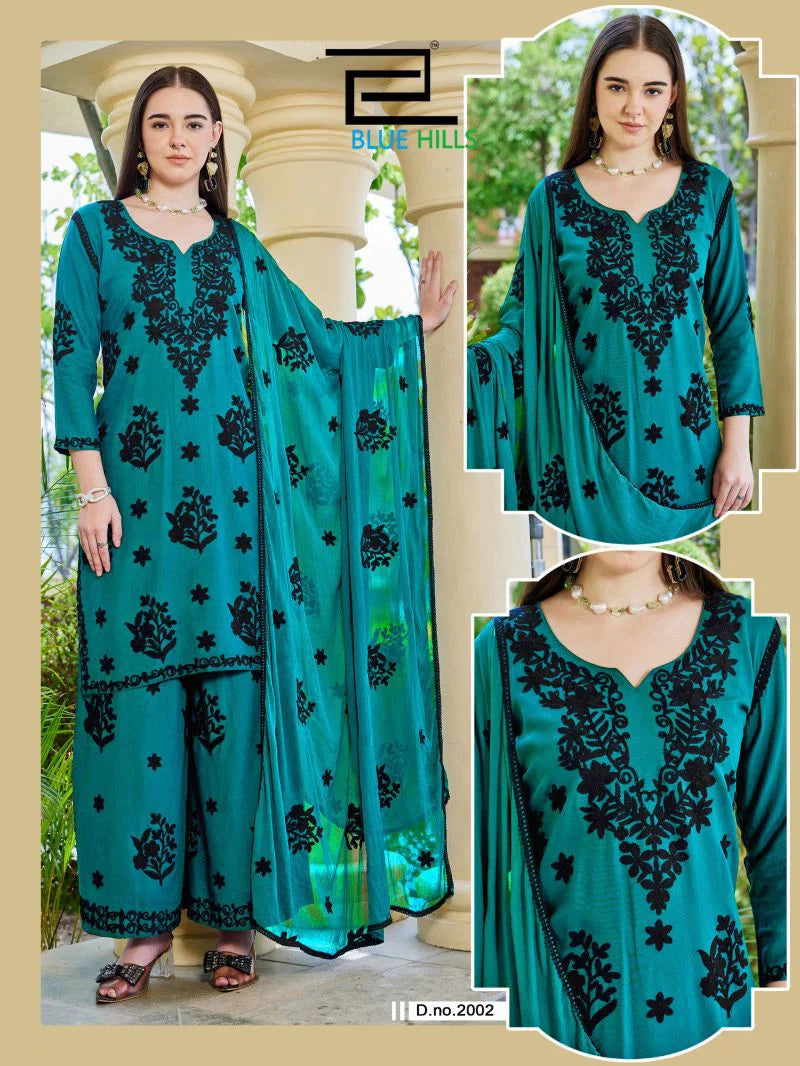 Blue Hills Black Bunny Vol 30 Rayon With Thread Work Kurti With Bottom Dupatta