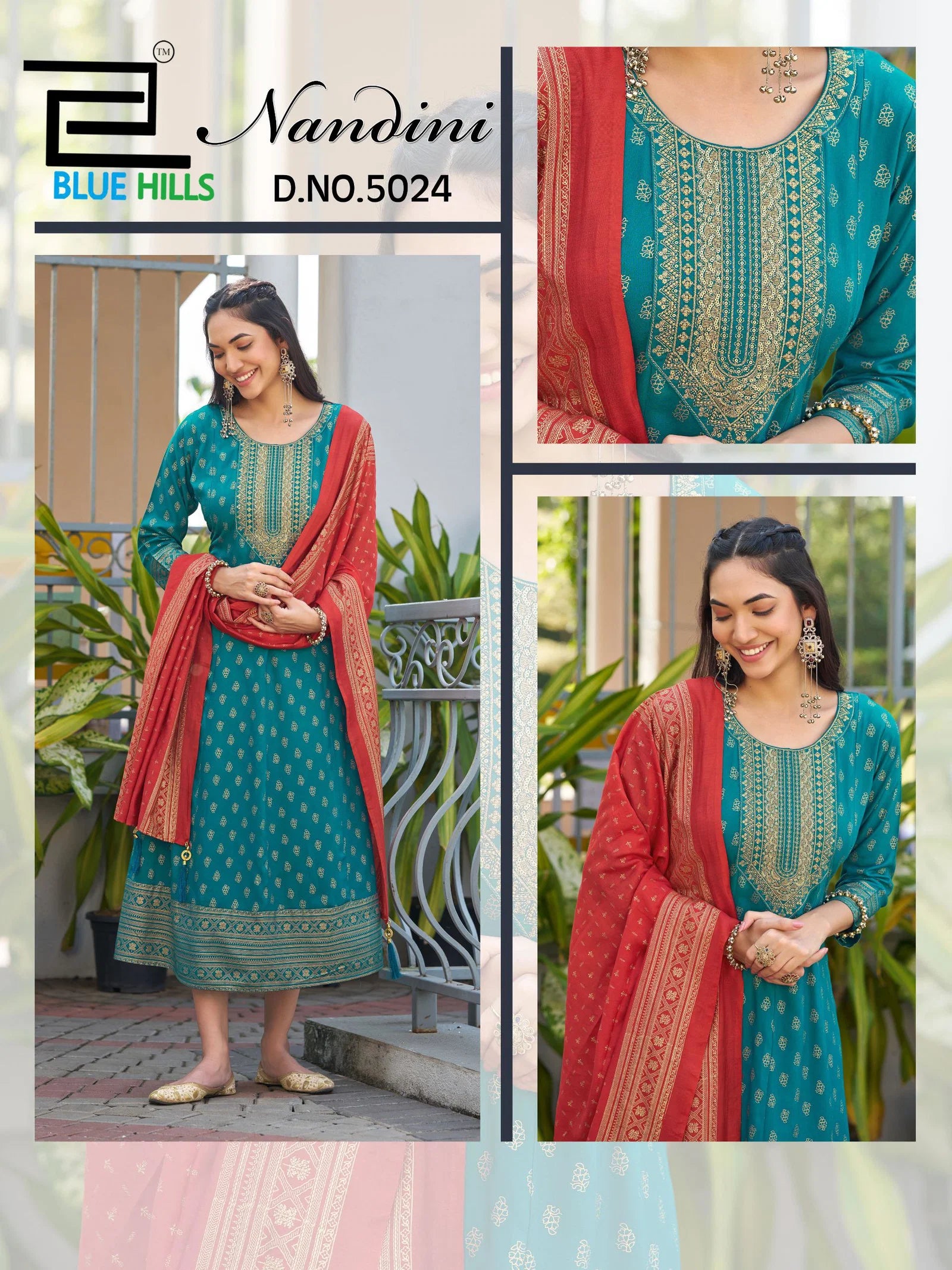 Blue Hills Nandini Rayon Foil Print Anarkali Gown With Dupatta