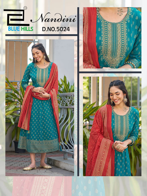 Blue Hills Nandini Rayon Foil Print Anarkali Gown With Dupatta