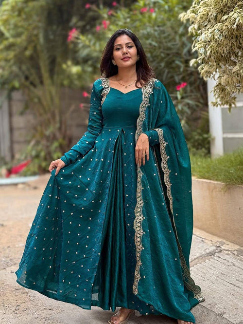 Dazzle Anarkali Set Vichitra Silk Embroidery Sequence Anarkali And Dupatta