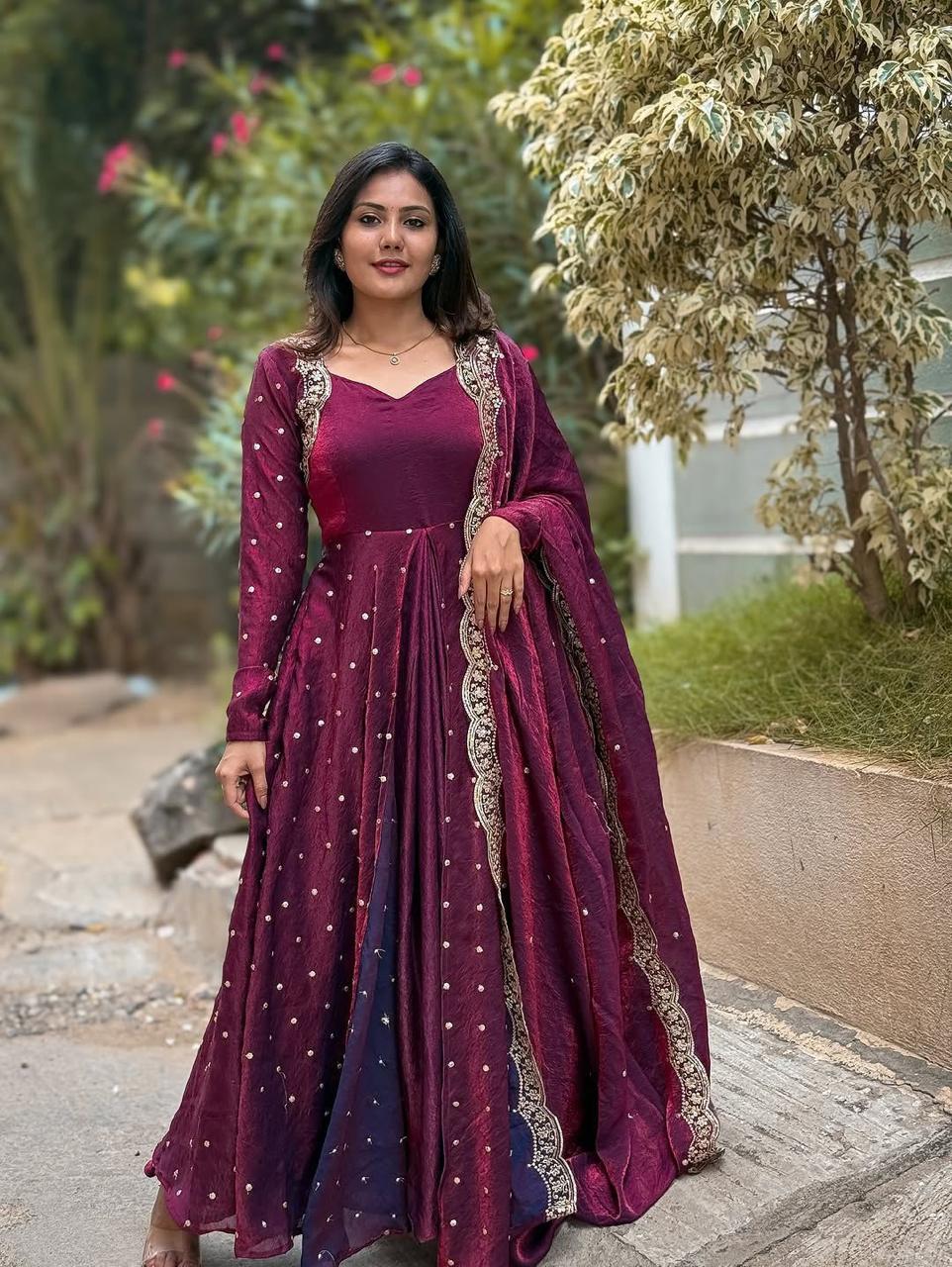 Dazzle Anarkali Set Vichitra Silk Embroidery Sequence Anarkali And Dupatta