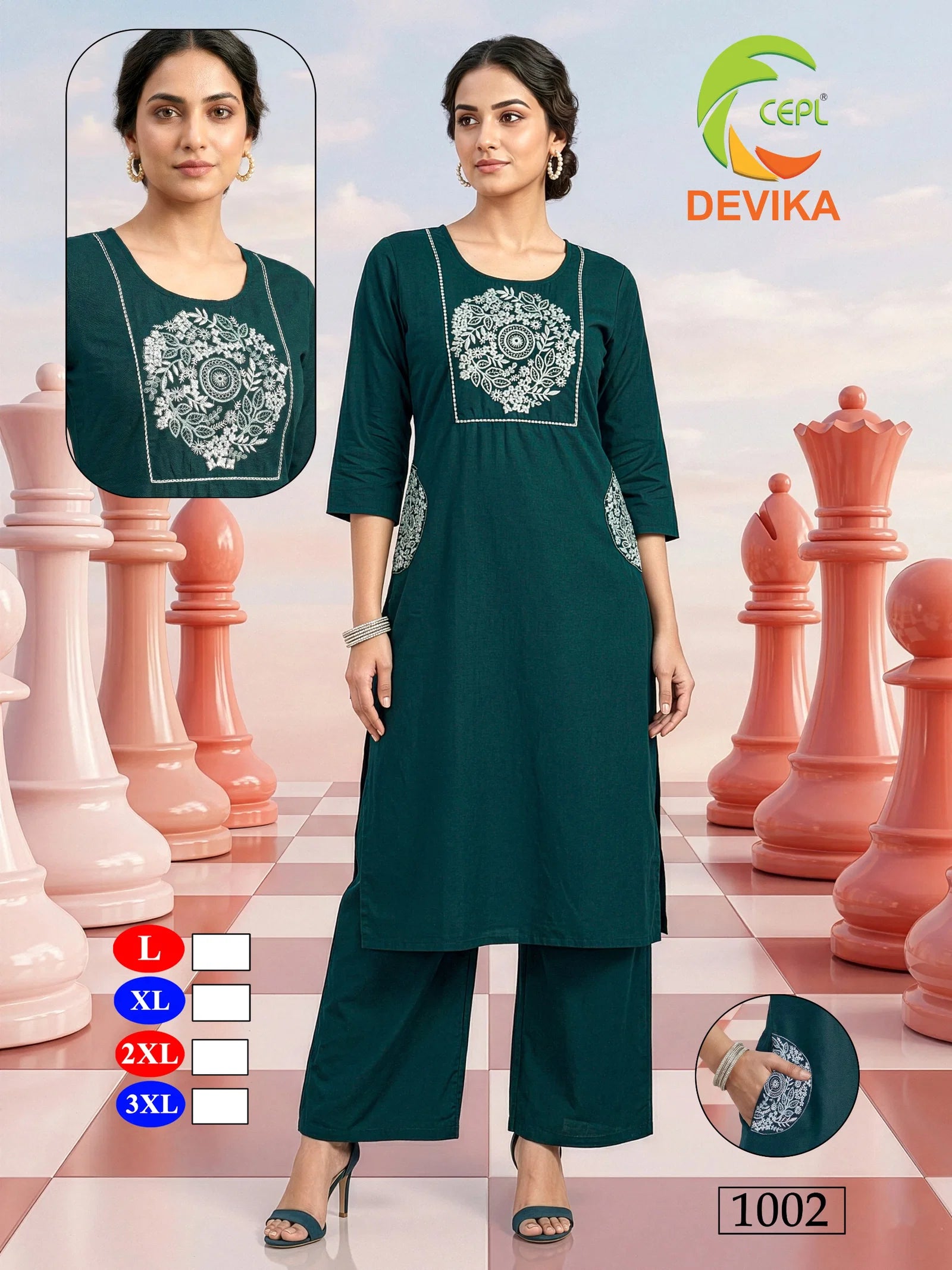 De Devika Dhabu Cotton Embroidery Worked Kurti With Bottom Collection