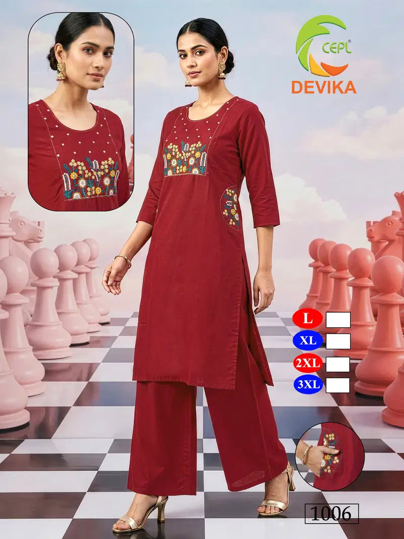 De Devika Dhabu Cotton Embroidery Worked Kurti With Bottom Collection