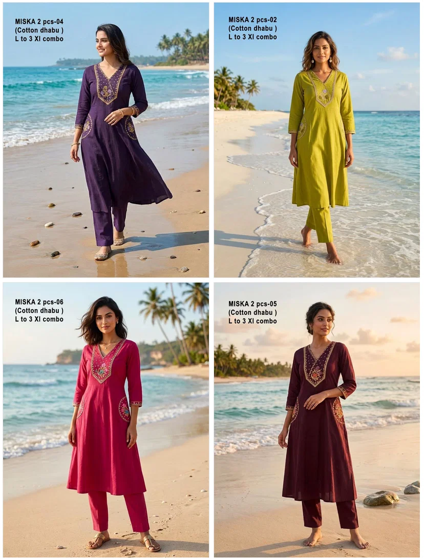 De Miska Cotton Dhabu Embroidered Fancy Kurti With Bottom Collection
