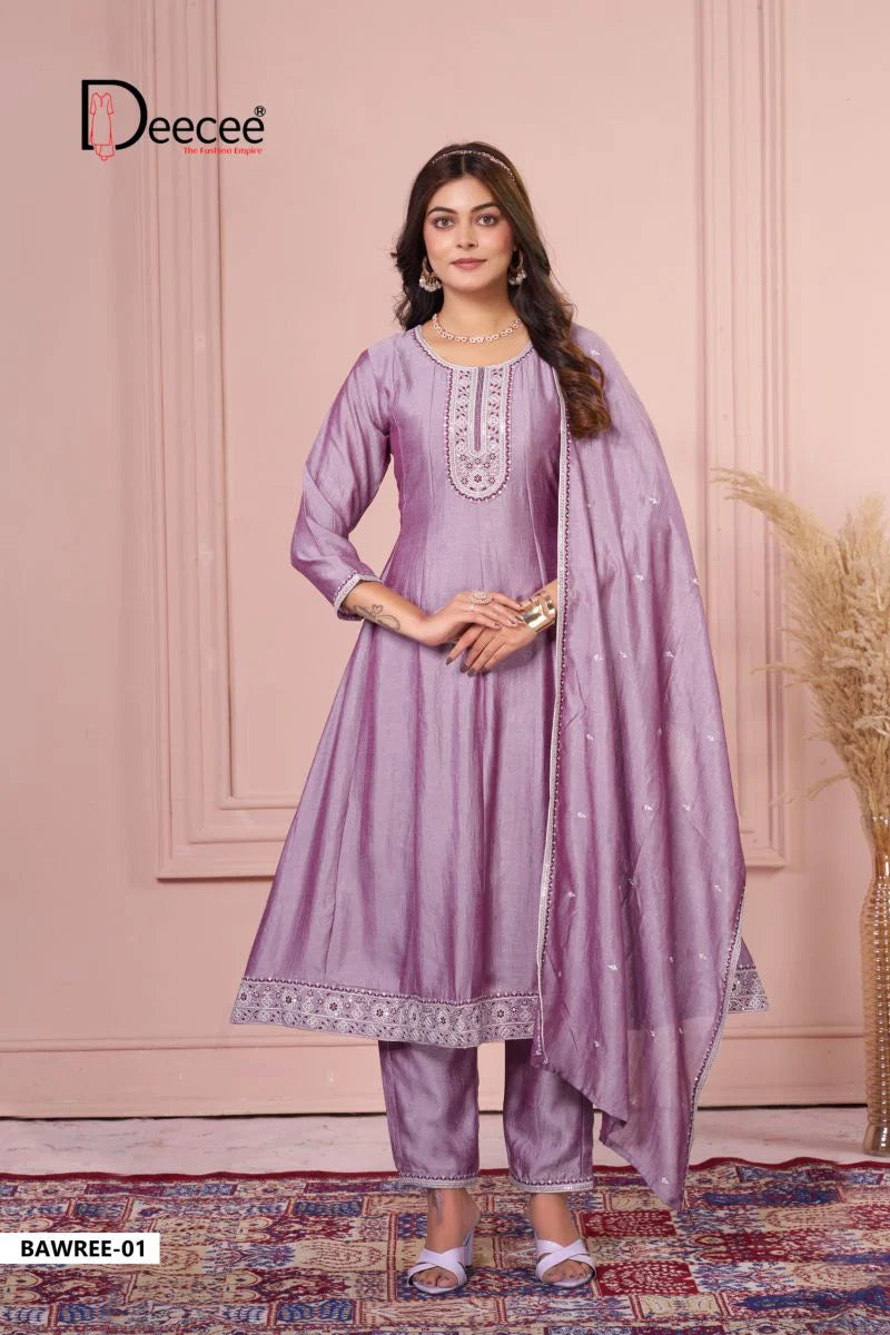 Deecee Bawree Vichitra Silk Embroidered Falared Kurti With Bottom Dupatta