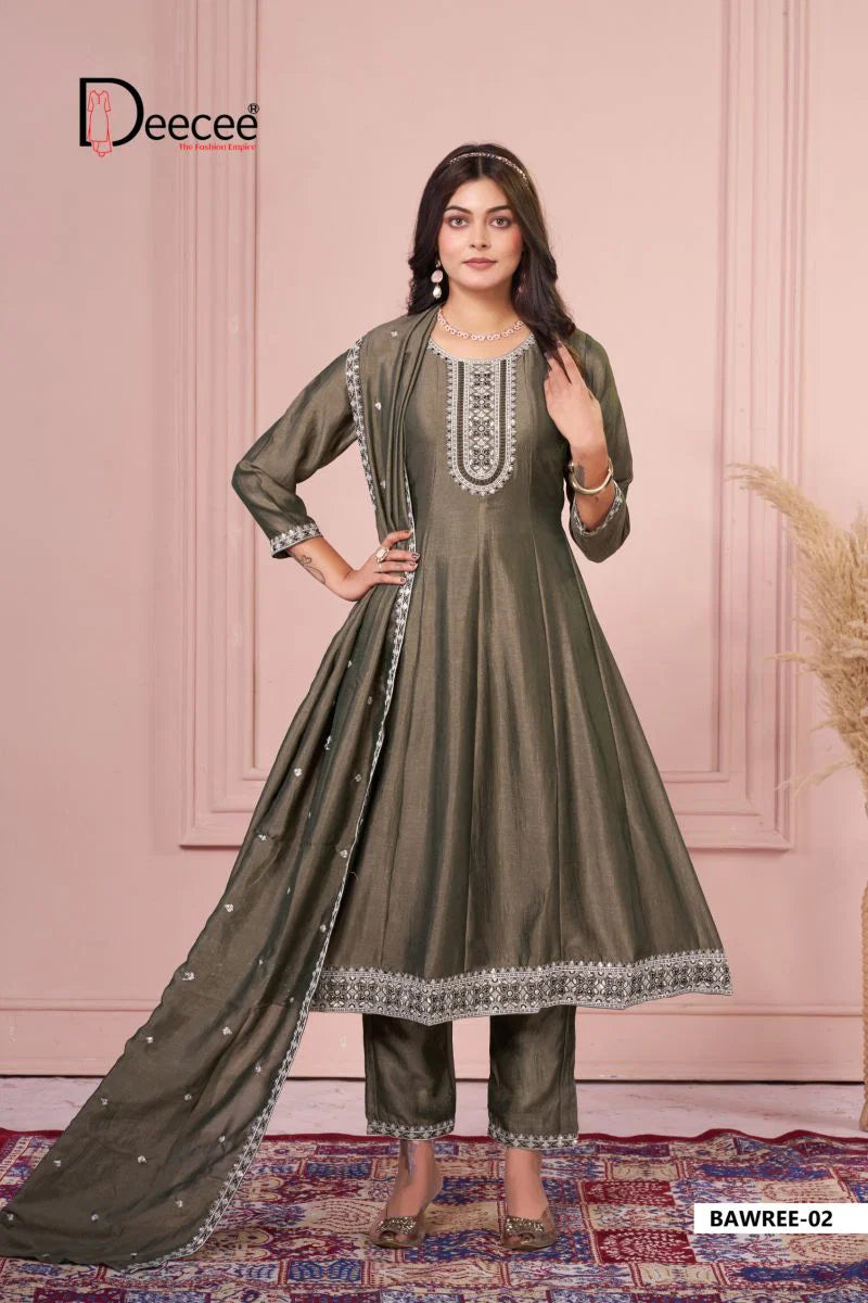 Deecee Bawree Vichitra Silk Embroidered Falared Kurti With Bottom Dupatta