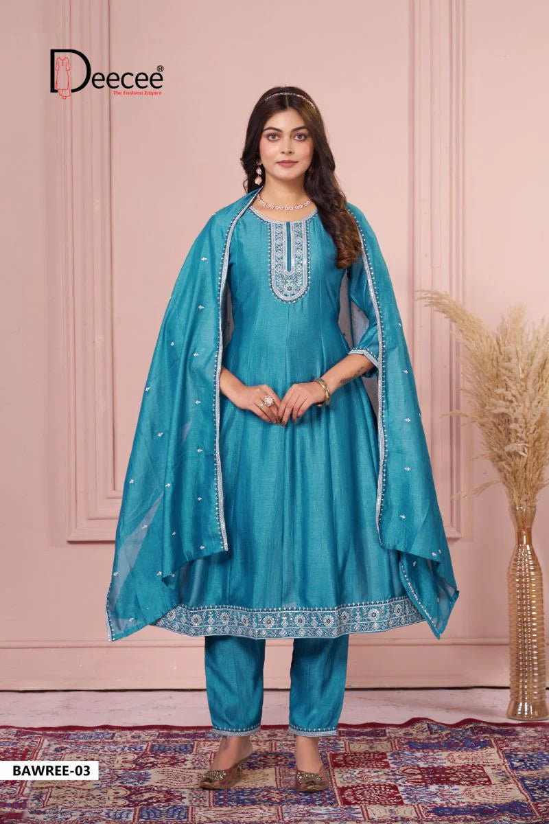 Deecee Bawree Vichitra Silk Embroidered Falared Kurti With Bottom Dupatta