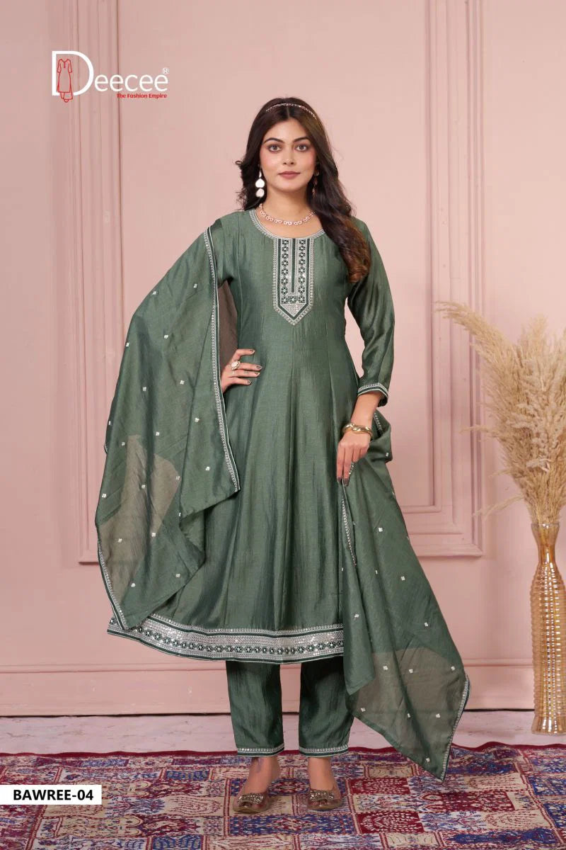 Deecee Bawree Vichitra Silk Embroidered Falared Kurti With Bottom Dupatta