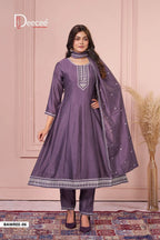 Deecee Bawree Vichitra Silk Embroidered Falared Kurti With Bottom Dupatta