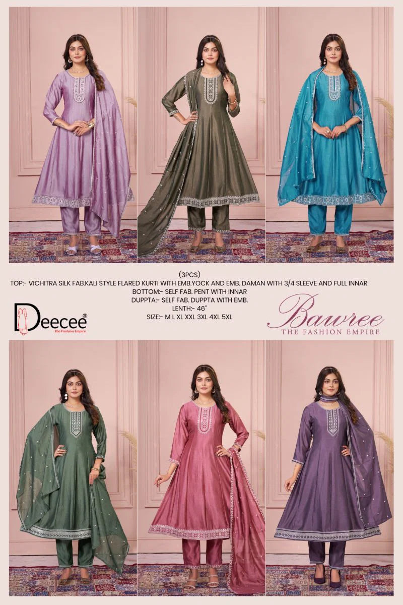 Deecee Bawree Vichitra Silk Embroidered Falared Kurti With Bottom Dupatta