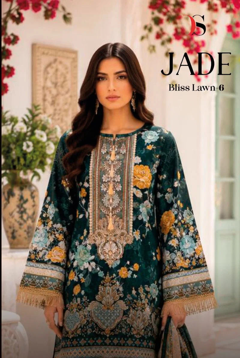 Deepsy Jade Bliss Lawn Vol 6 Chiffon Dupatta Cotton Patch Embroidered Salwar Kameez
