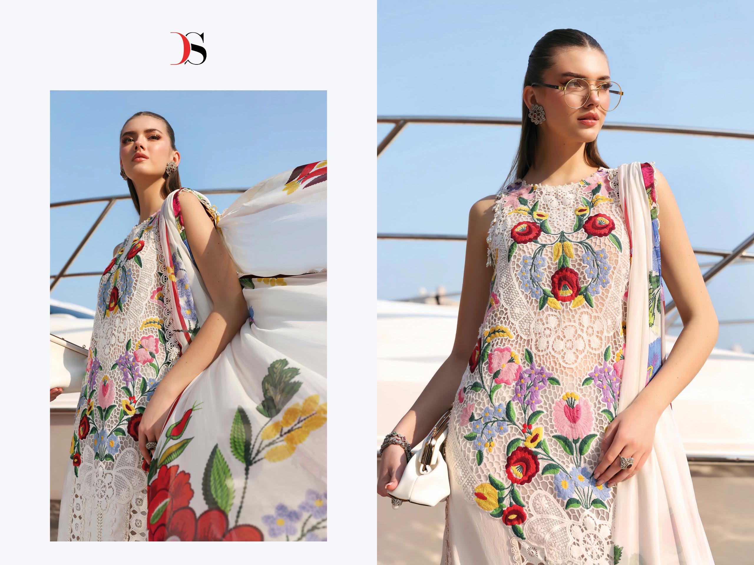 Deepsy Maria B Premium Embroidered Vol 3 Chiffon Dupatta Cotton With Self Embroidered Salwar Kameez