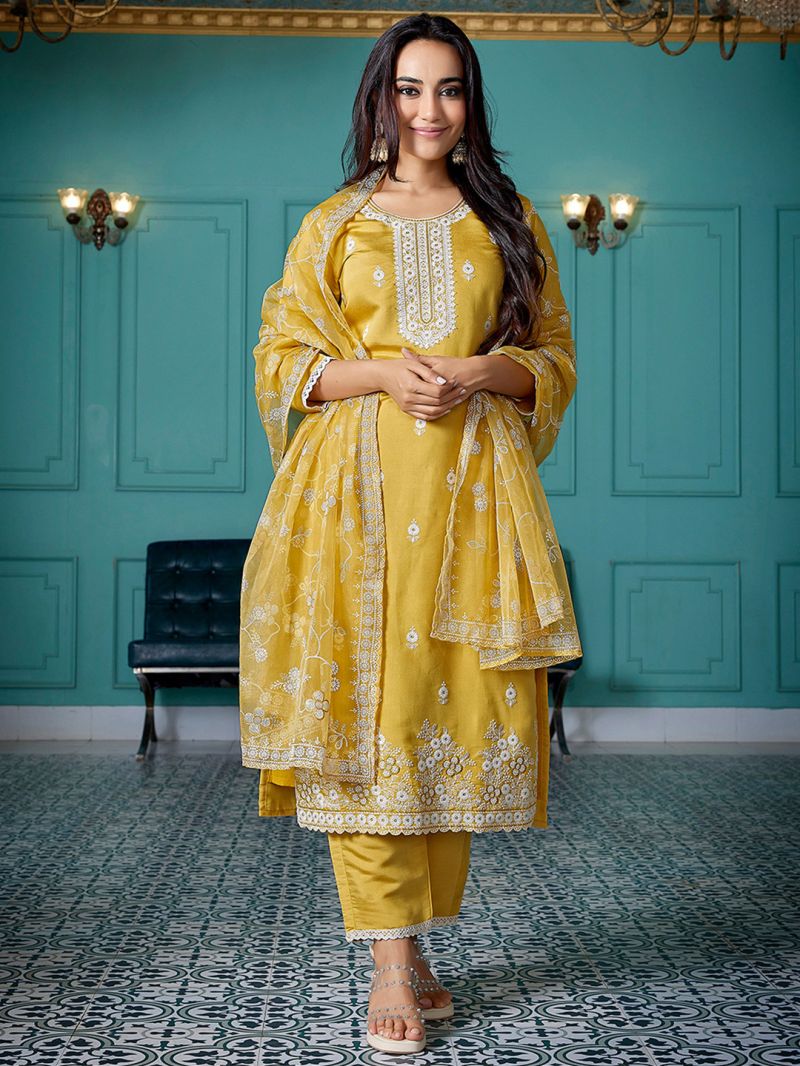 Dhruvi 486 Silk Blend Embroidered Kurti With Pant Dupatta