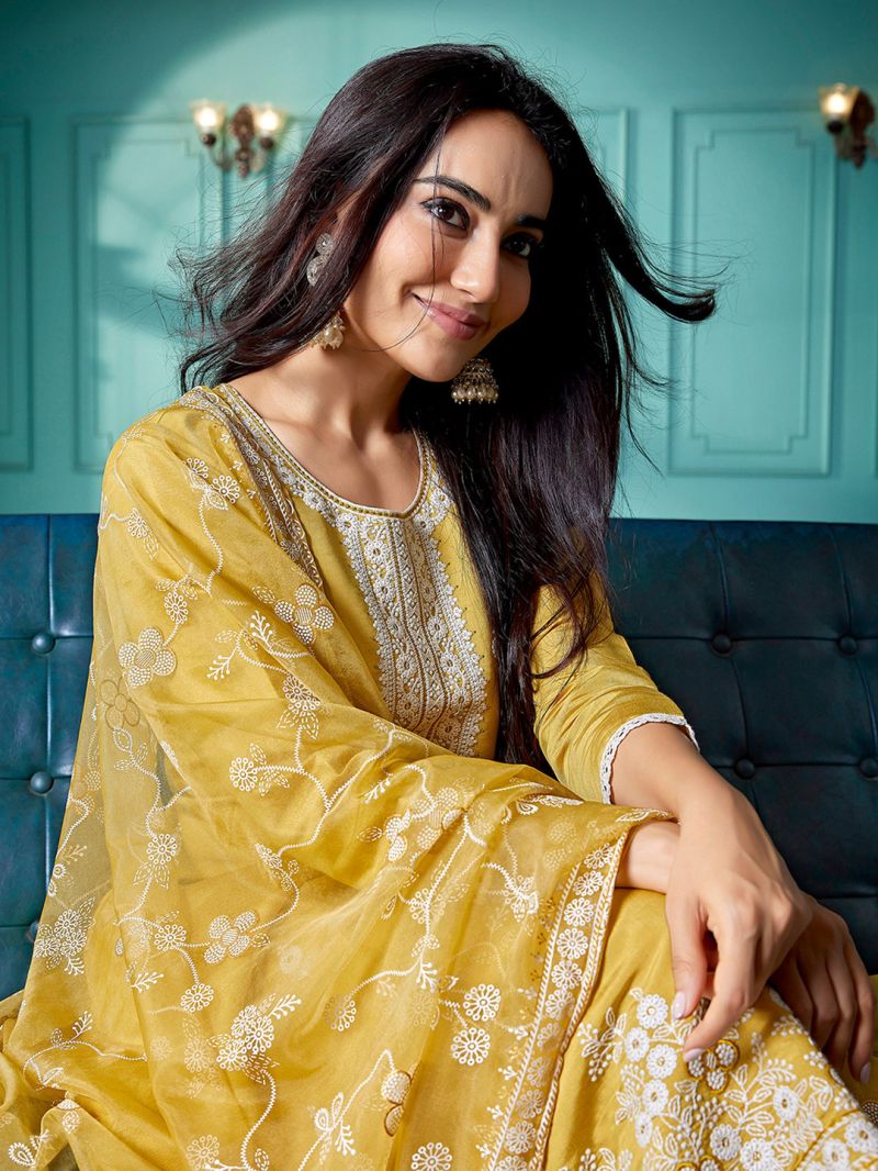 Dhruvi 486 Silk Blend Embroidered Kurti With Pant Dupatta