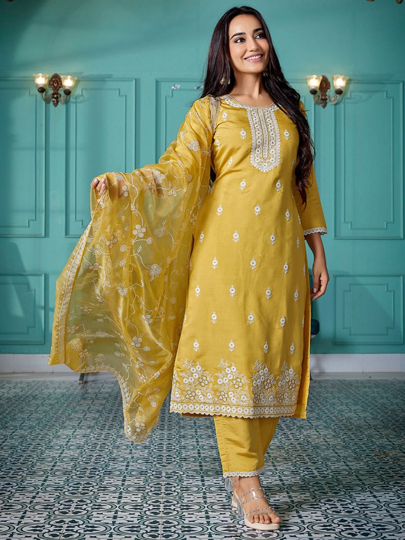 Dhruvi 486 Silk Blend Embroidered Kurti With Pant Dupatta