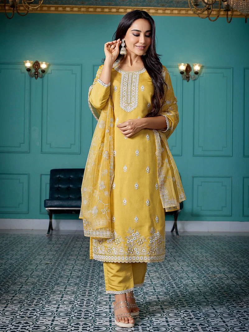 Dhruvi 486 Silk Blend Embroidered Kurti With Pant Dupatta