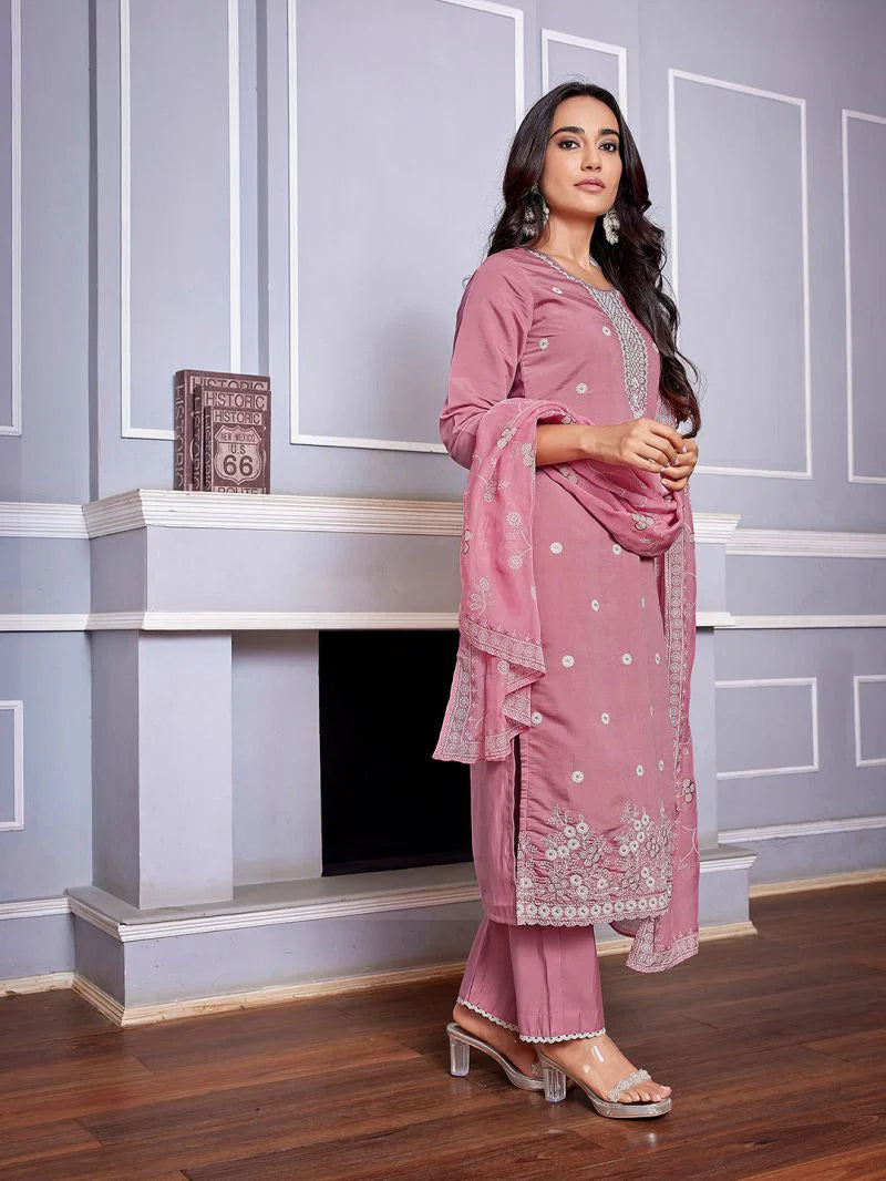 Dhruvi 487 Silk Blend Embroidered Kurti With Pant Dupatta