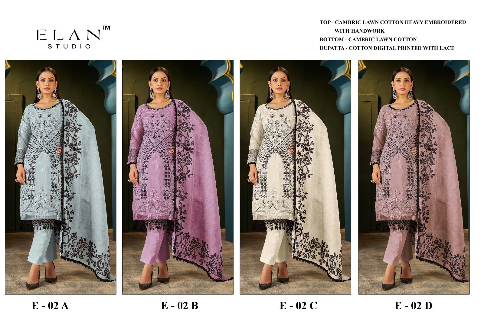 Elan E 02 A To D Cambric Cotton Embroidered Salwar Kameez