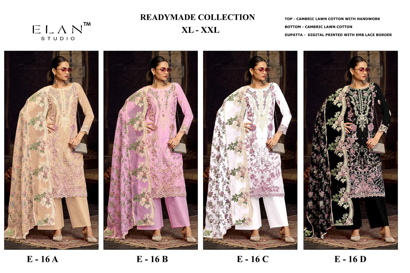 Elan E 16 A To D Cambric Cotton With Lawn Embroidered Salwar Kameez