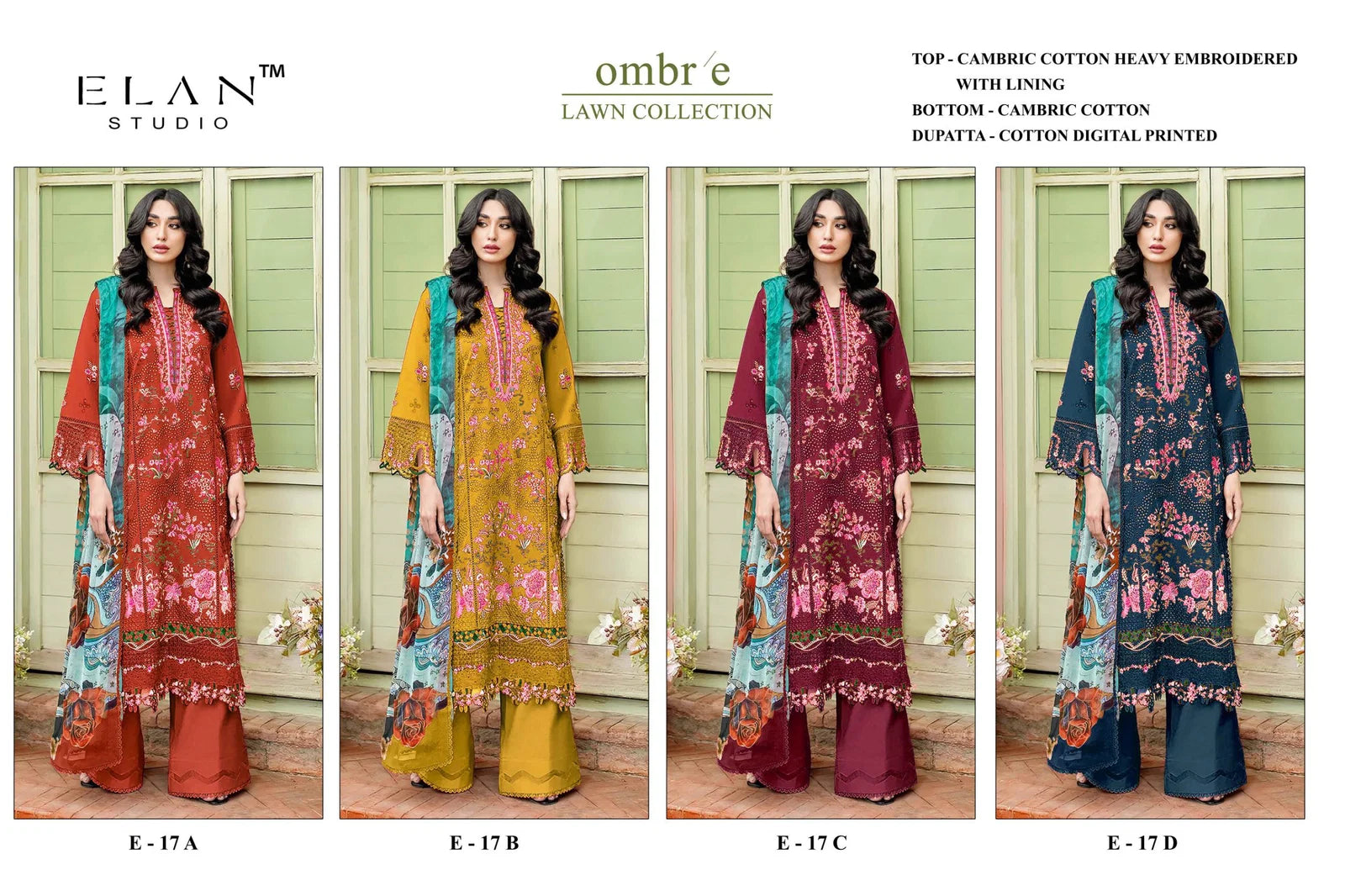 Elan E 17 A To D Cambric Cotton Heavy Embroidery Salwar Kameez